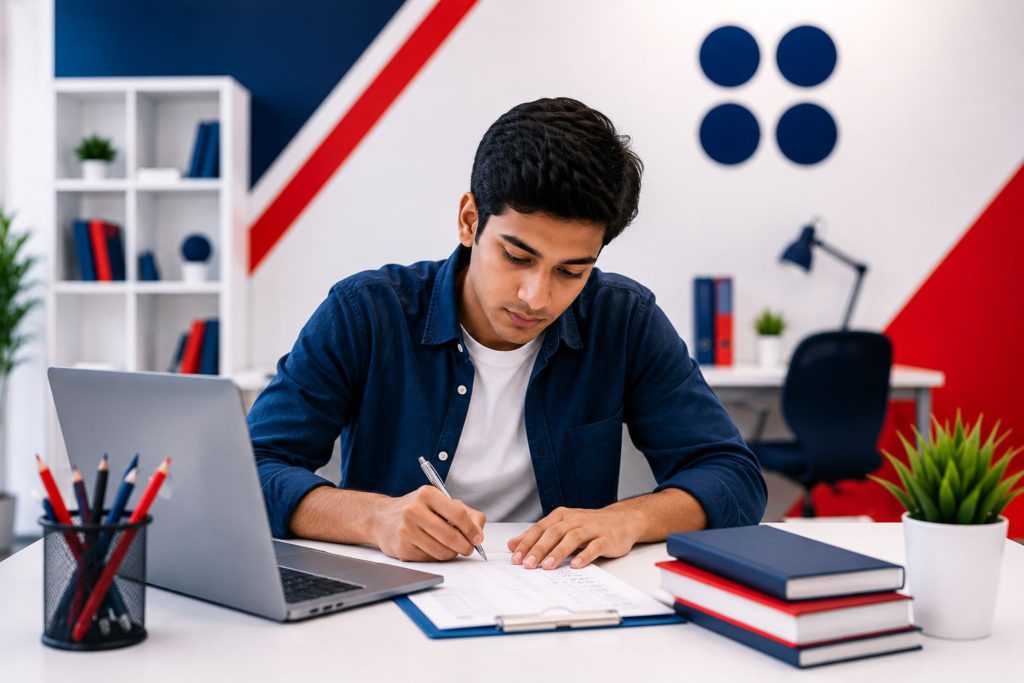 Student taking IELTS Mock Test Strategy practice on computer before exam day at Hexa's Zindabazar