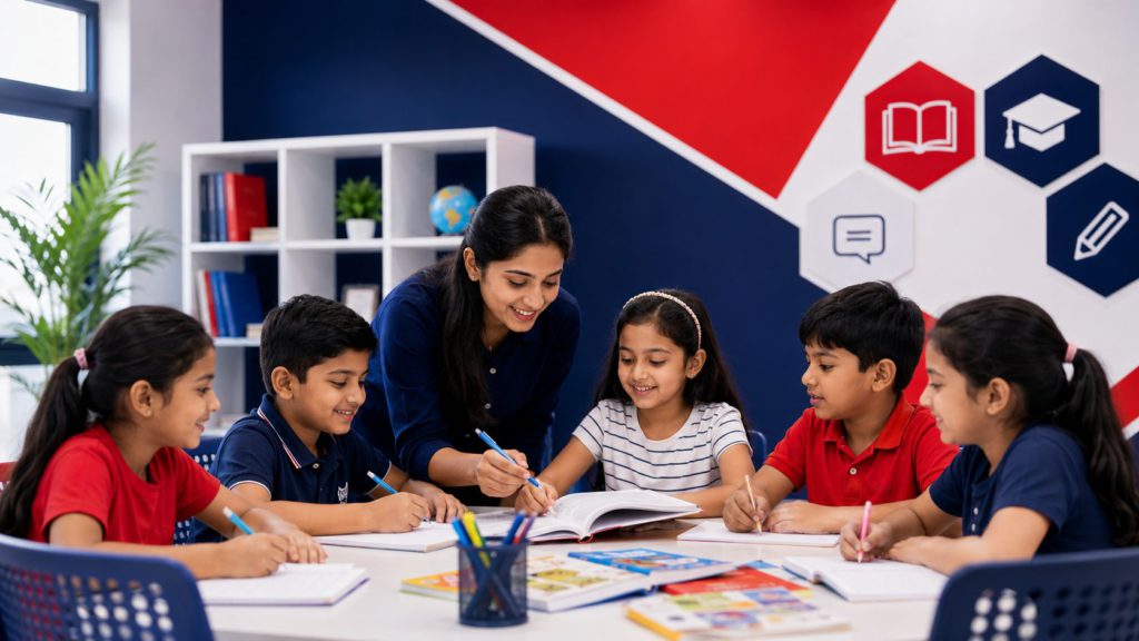 Children learning English in a modern Kids English classroom at Hexa's Zindabazar in Sylhet